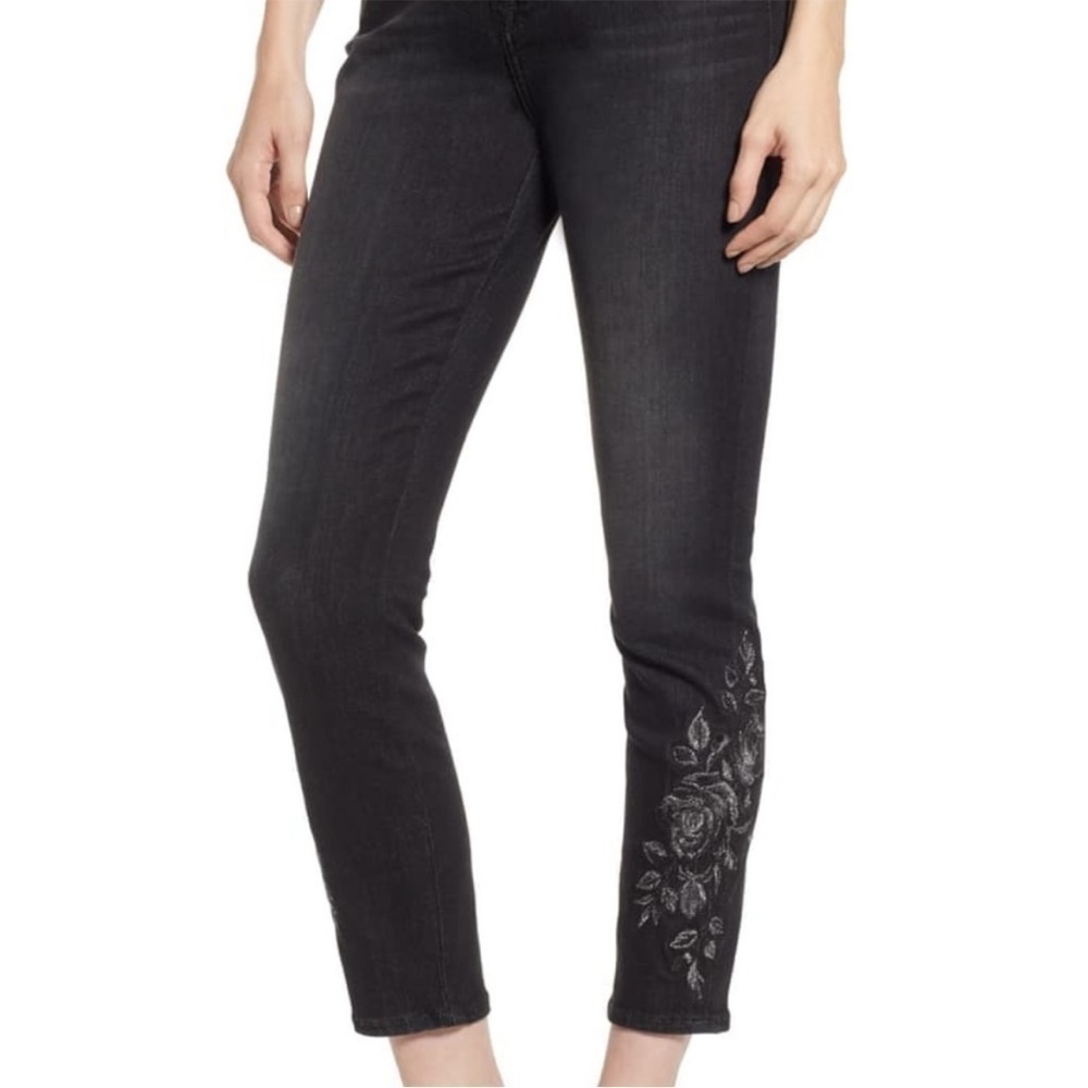 NWOT Jen 7 for All Mankind Black Ankle Skinny Embroidered Rose Jeans Size 6